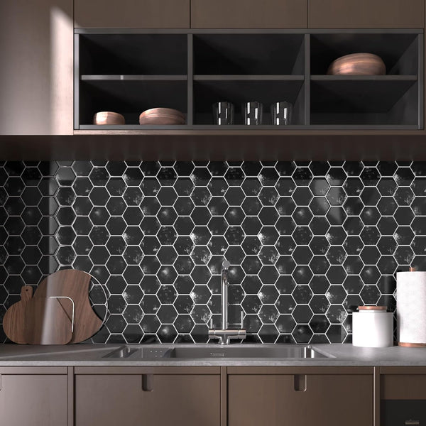 VEELIKE Distressed Black Hexagon Peel and Stick Backsplash Tile