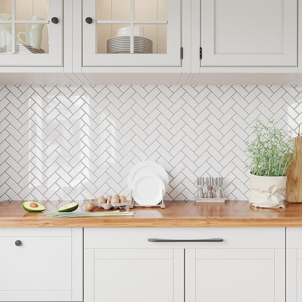 VEELIKE White Herringbone Peel and Stick Backsplash Tile