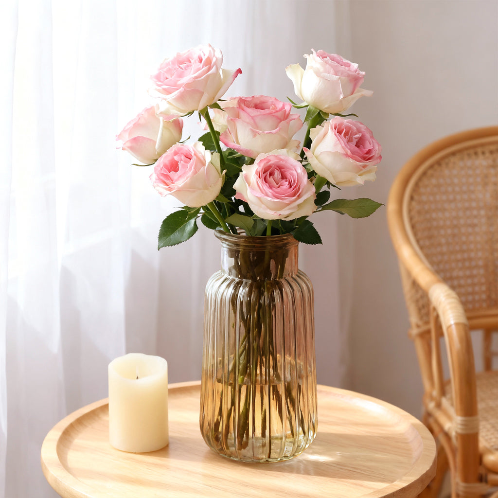 GarDream Amber Ribbed Glass Vase, 8.7 Inch Tall