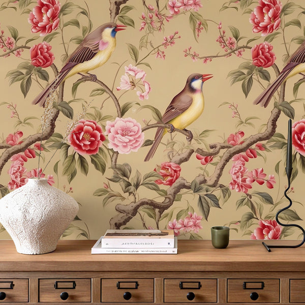 VEELIKE Tan Yellow Chinoiserie Bird Wallpaper