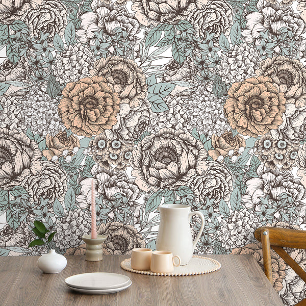 VEELIKE Antique Peonies Peel and Stick Wallpaper