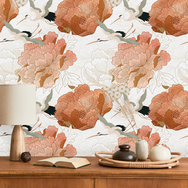 VEELIKE Oriental Japanese Crane Peel and Stick Wallpaper