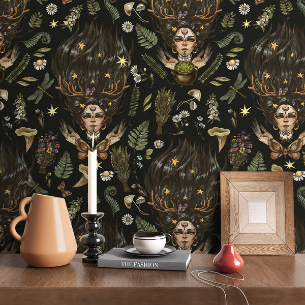 VEELIKE Black Whimsical Witch Wallpaper