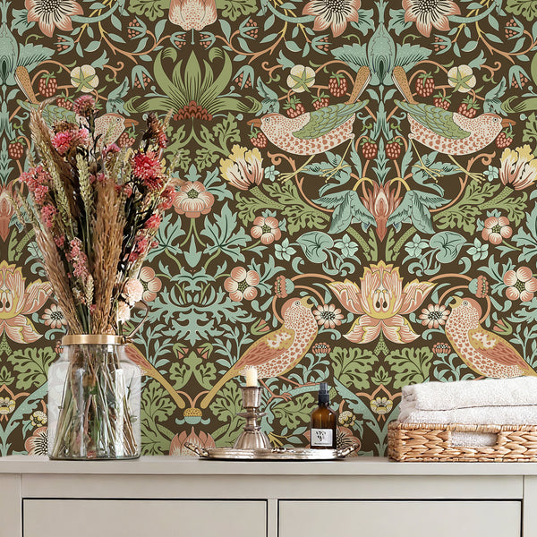 VEELIKE Retro Strawberry Thief William Morris Wallpaper