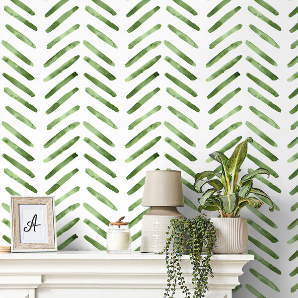 VEELIKE Pickle Green Herringbone Peel and Stick Wallpaper