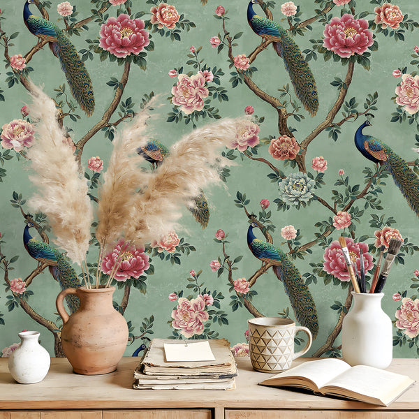 VEELIKE Peacock Floral Peel and Stick Wallpaper