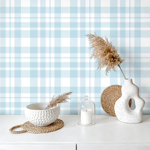 VEELIKE Light Blue Plaid Peel and Stick Wallpaper