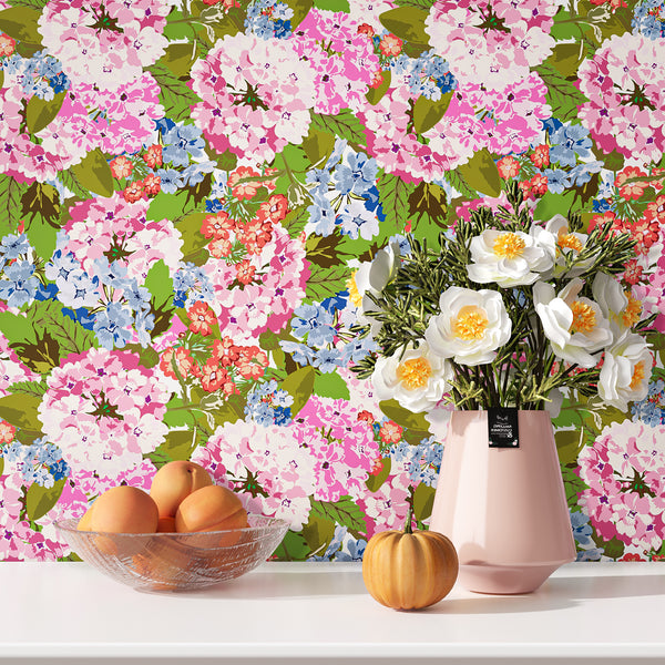 VEELIKE Pink and Blue Hydrangea Floral Wallpaper