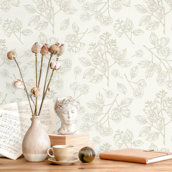 VEELIKE Neutral Beige Leaf Wallpaper