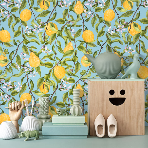 VEELIKE Watercolor Blue Lemon Wallpaper