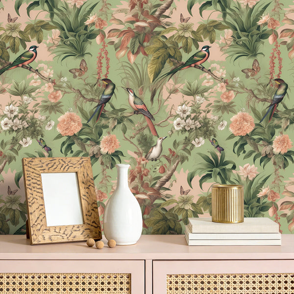 VEELIKE Green Vintage Bird Wallpaper with Butterflies
