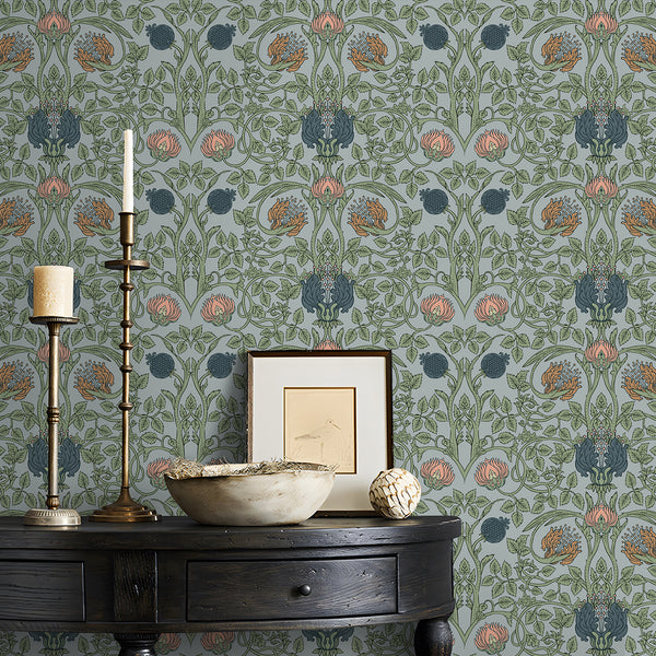 VEELIKE Retro Blue Floral Wallpaper