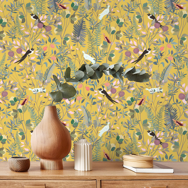 VEELIKE Yellow Chinoiserie Berries Bird Wallpaper