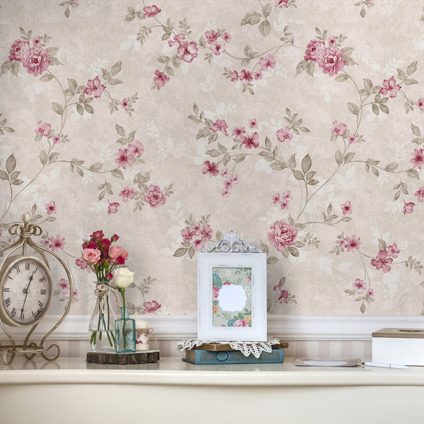 VEELIKE Vintage Cream Pink Flower Wallpaper