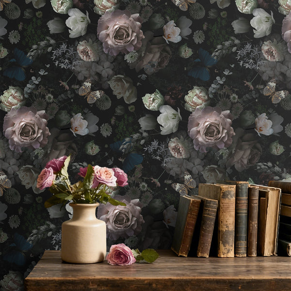 VEELIKE Antique Butterflies Dark Floral Wallpaper