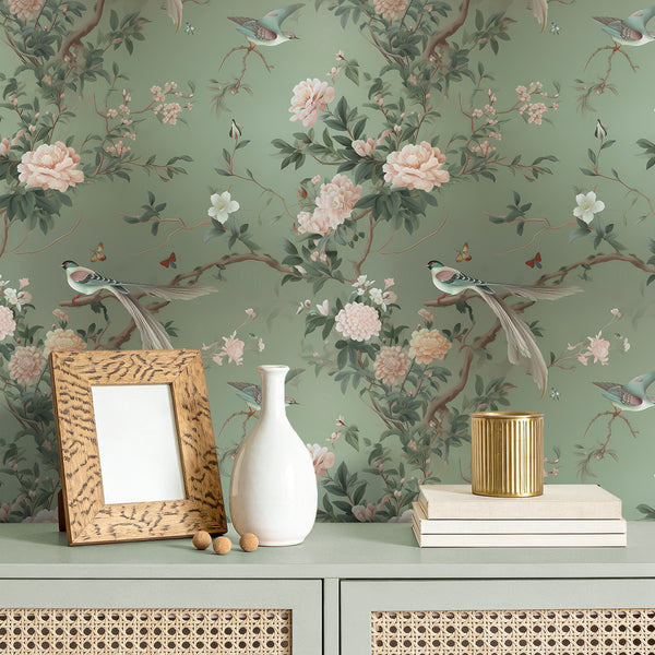 VEELIKE Green Floral Peel and Stick Wallpaper with Birds