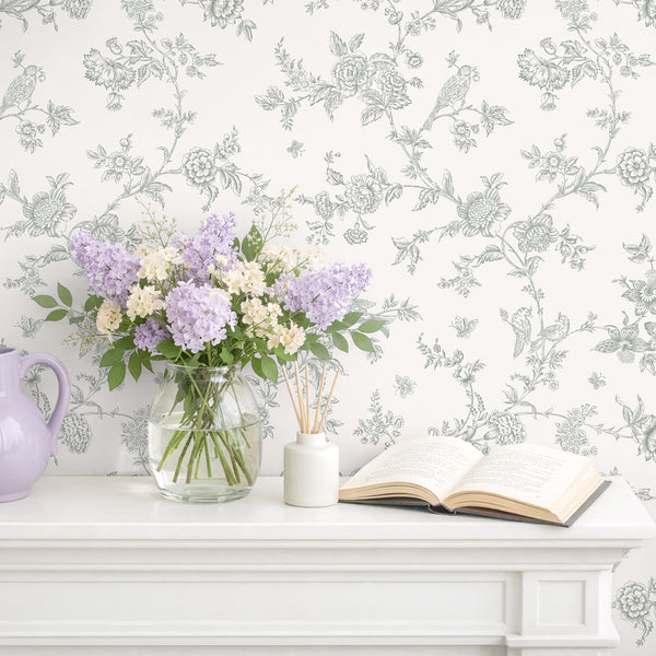 VEELIKE Sage Green Toile Floral Wallpaper