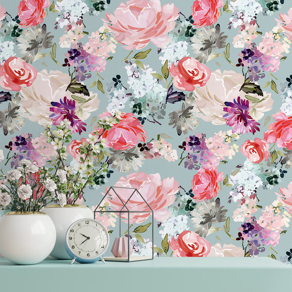 VEELIKE Green Pink Watercolor Floral Wallpaper