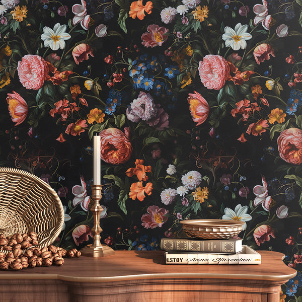 VEELIKE Moody Retro Dark Floral Wallpaper