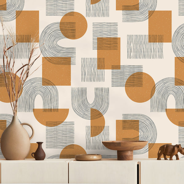VEELIKE Black and Orange Mid Century Geometric Wallpaper