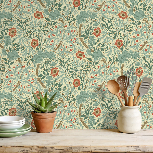VEELIKE Cream Dusty Blue Seaweed Wallpaper