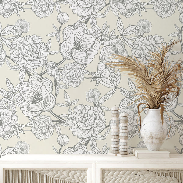 VEELIKE Beige Sketch Floral Peel and Stick Wallpaper