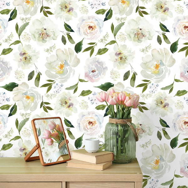 VEELIKE Vintage Watercolor Peony Floral Wallpaper