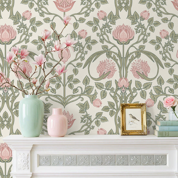 VEELIKE Vintage Art Nouveau Pink Floral Wallpaper