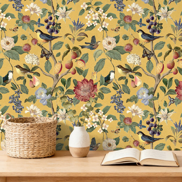 VEELIKE Luxury Mustard Yellow Chinoiserie Songbird Wallpaper