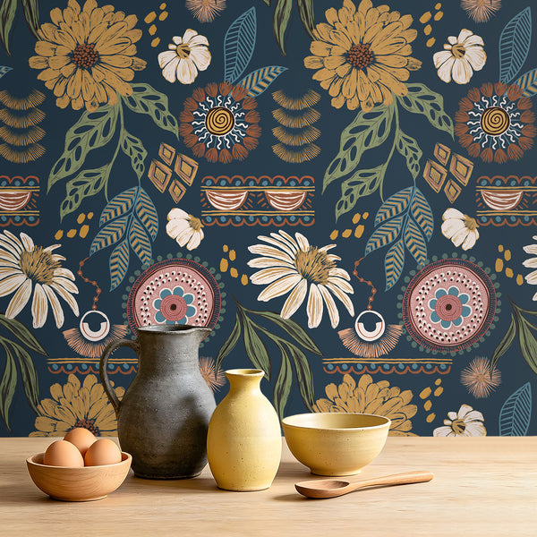 VEELIKE Boho Navy Blue Floral Wallpaper