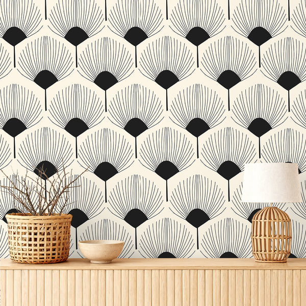 VEELIKE Beige and Black Fan Pattern Geometric Wallpaper