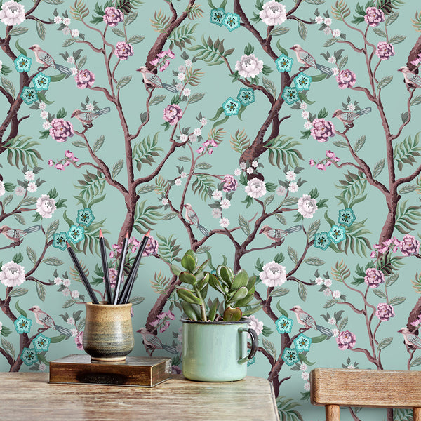 VEELIKE Vintage Green Chinoiserie Wallpaper