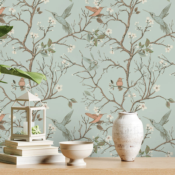 VEELIKE Green Chinoiserie Floral Peel and Stick Wallpaper