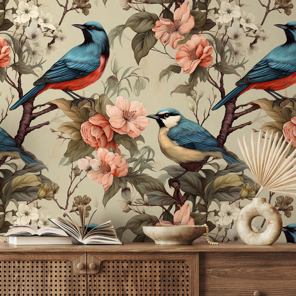VEELIKE Vintage Beige Bird Floral Wallpaper