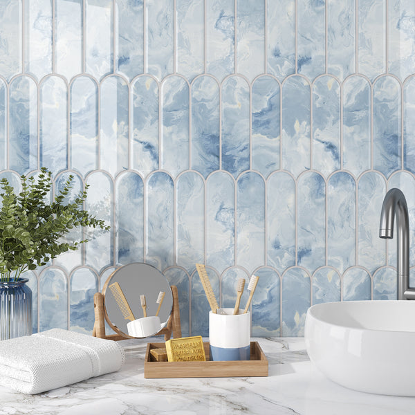 VEELIKE Blue Long Fish Scale Backsplash Tile