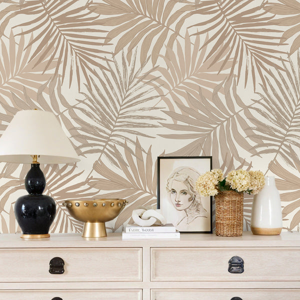 VEELIKE Tan Brown Palm Leaf Peel and Stick Wallpaper