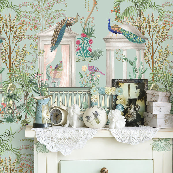 VEELIKE Vintage Chinoiserie Green Garden Tropical Wallpaper