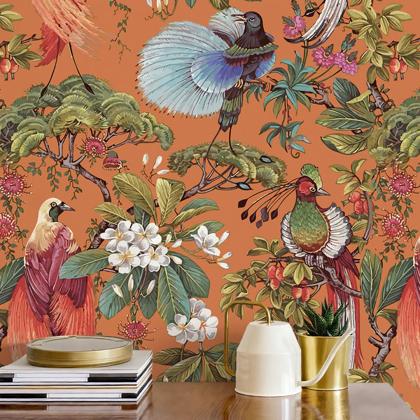 VEELIKE Oriental Terracotta Tropical Bird Wallpaper