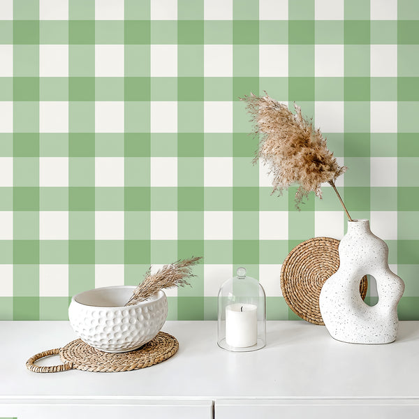 VEELIKE Sage Green Plaid Peel and Stick Wallpaper