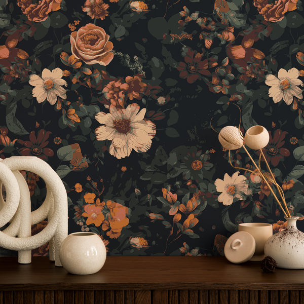 VEELIKE Retro Dark Floral Peel and Stick Wallpaper