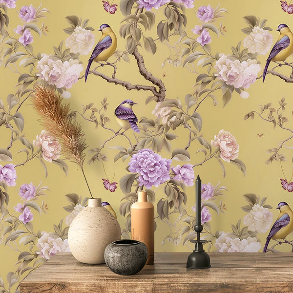 VEELIKE Vintage Yellow Chinoiserie Floral Bird Wallpaper