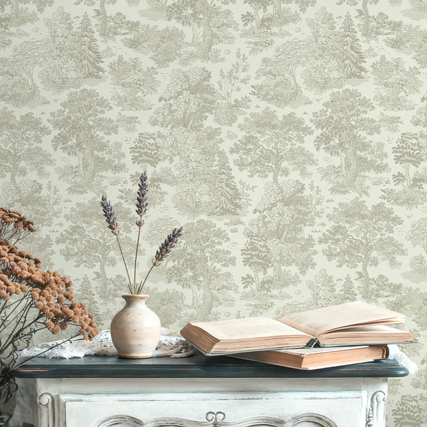 VEELIKE Vintage Chinoiserie Forest Beige Toile Wallpaper