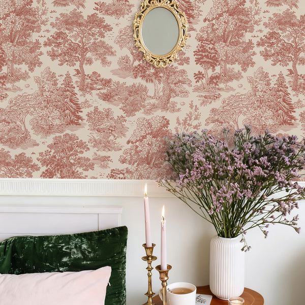 VEELIKE Vintage Landscape Forest Red Toile Wallpaper
