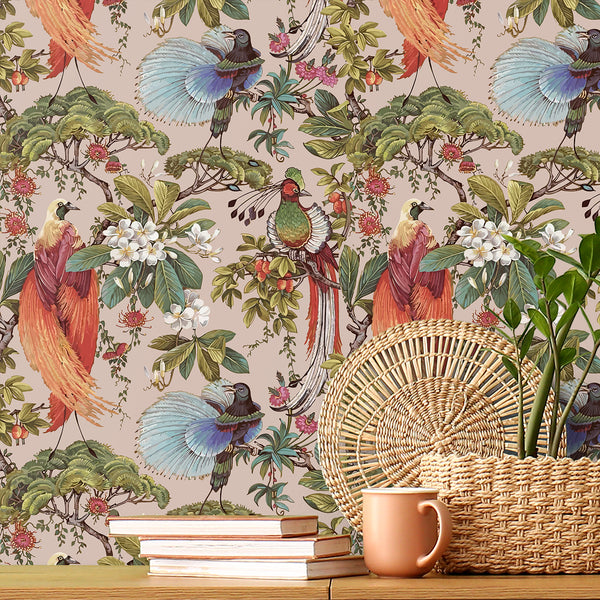 VEELIKE Dusty Pink Perch Bird Wallpaper