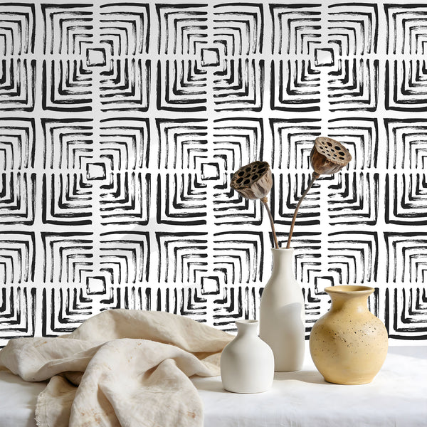VEELIKE Black and White Nested Square Wallpaper