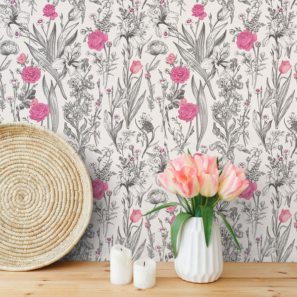 VEELIKE Grey Sketch Floral Peel and Stick Wallpaper