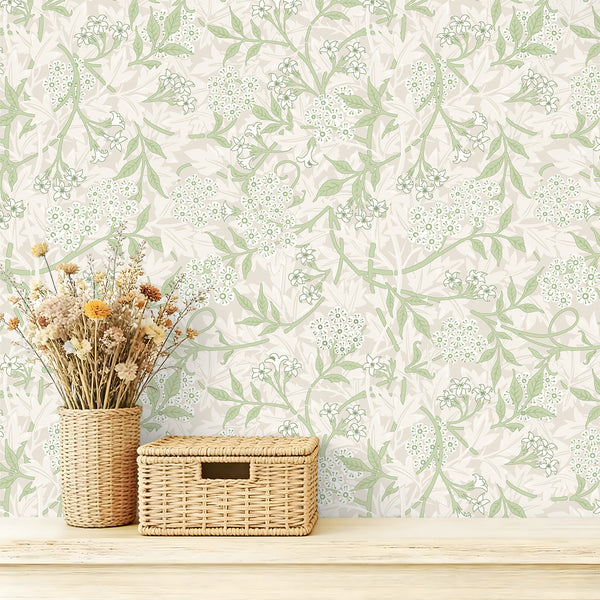 VEELIKE Beige Sage Cottage Jasmine Floral Wallpaper