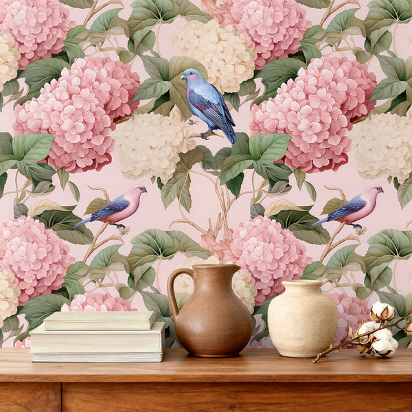 VEELIKE Pink Hydrangea Floral Wallpaper with Birds