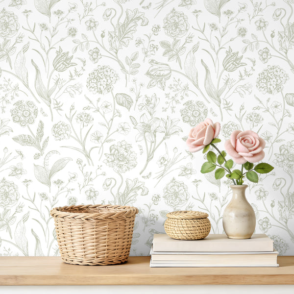 VEELIKE Sketch Neutral Beige Floral Peel and Stick Wallpaper