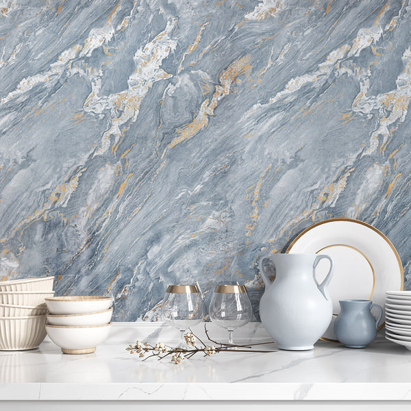 VEELIKE Glossy Blue Gold Marble Contact Paper